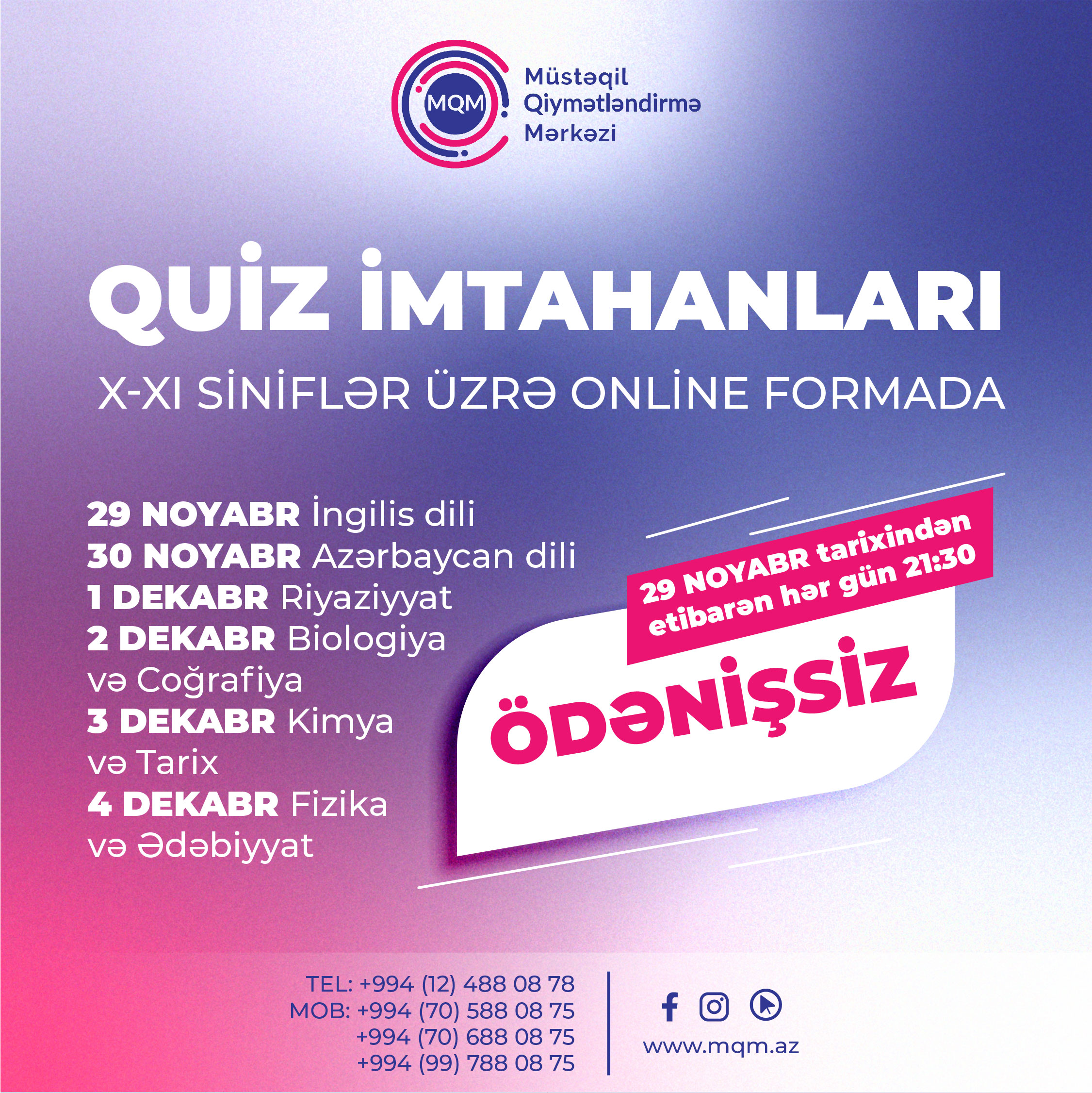 Ödənişsiz keçiriləcək quiz imtahanları