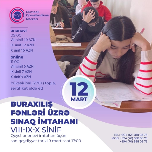 12 Mart tarixində VIII, IX, X siniflər üzrə buraxılış sınaq imtahanı keçiriləcək