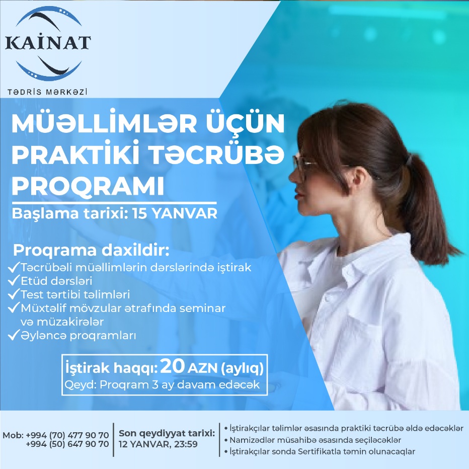 Kainat Tədris Mərkəzi müəllimlər üçün Praktiki Təcrübə Proqramı elan edir 