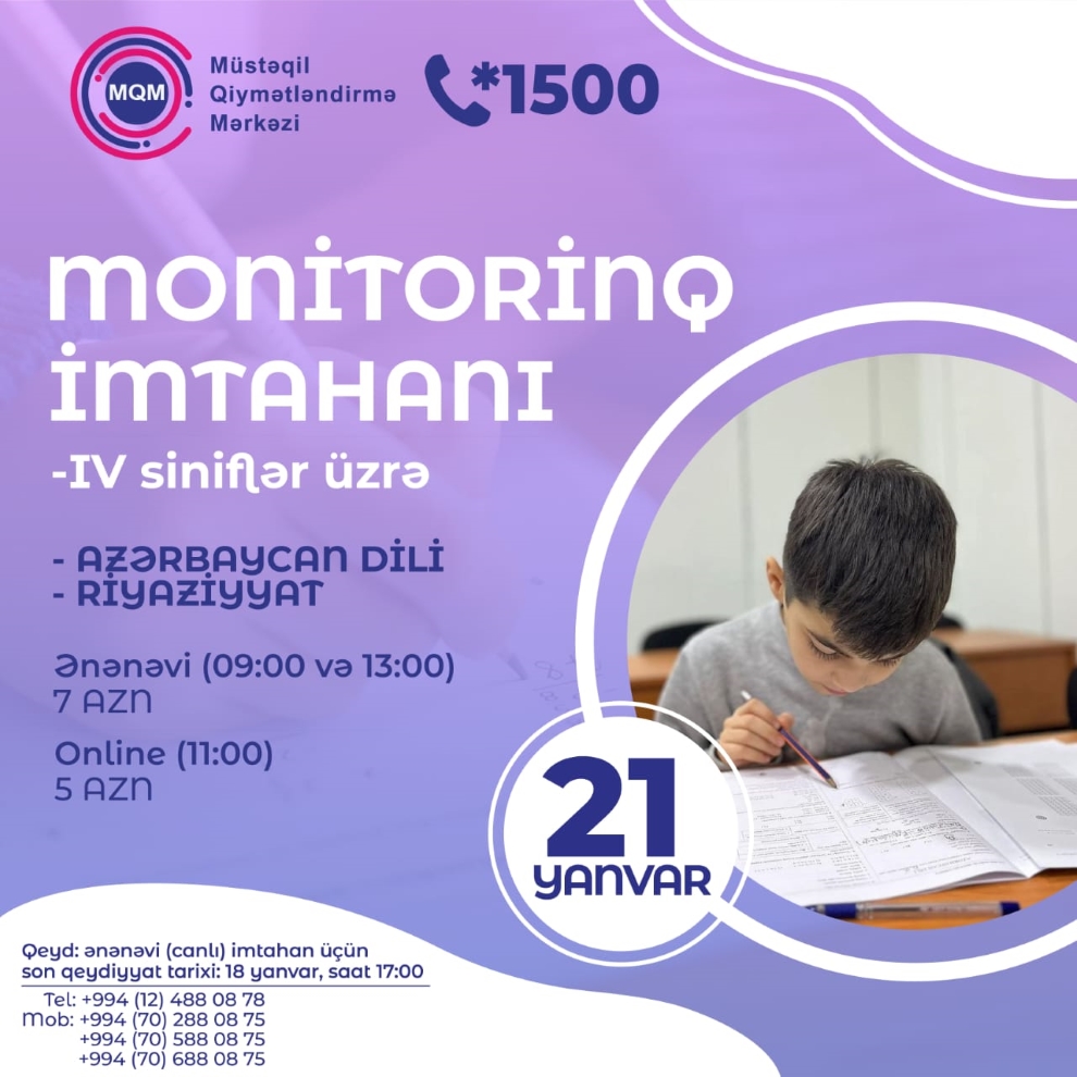 IV siniflər üzrə Monitorinq imtahanına qeydiyyat başladı