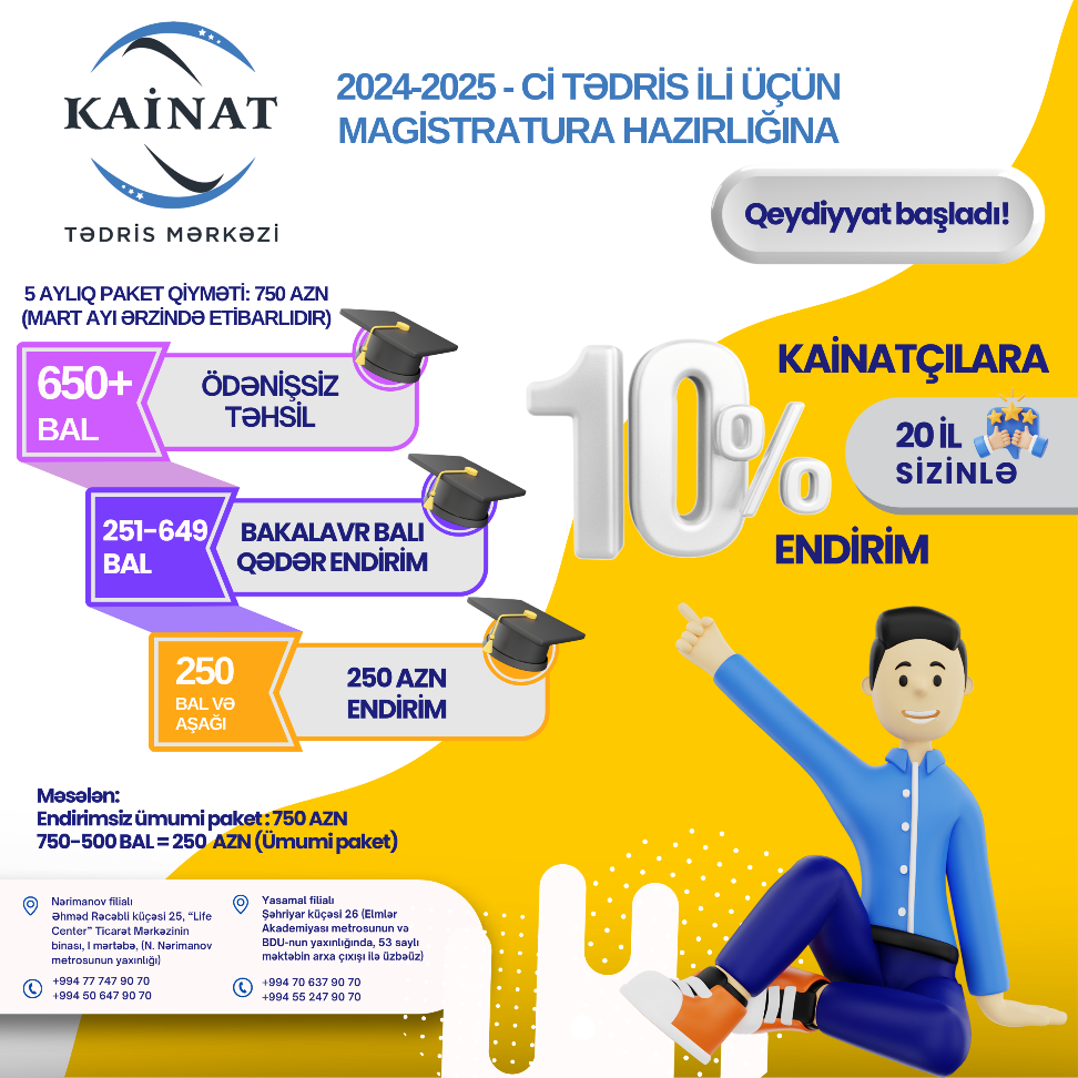 2024 - 2025 - ci tədris ili üçün Kainat Tədris Mərkəzində MAGİSTRATURA HAZIRLIĞINA qeydiyyat başladı