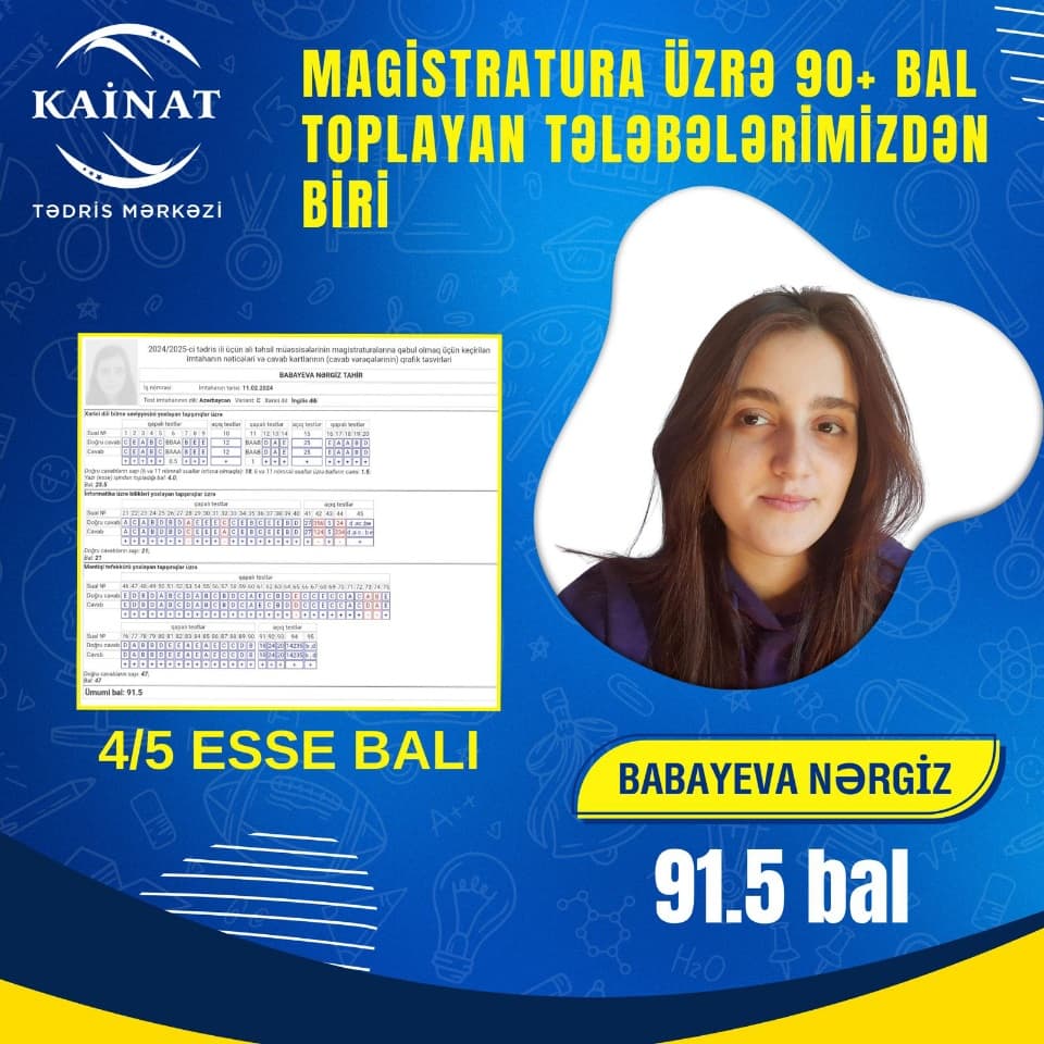 Kainat Tədris Mərkəzinin tələbəsi,  BABAYEVA NƏRGİZ! 🎉🎉🎉 