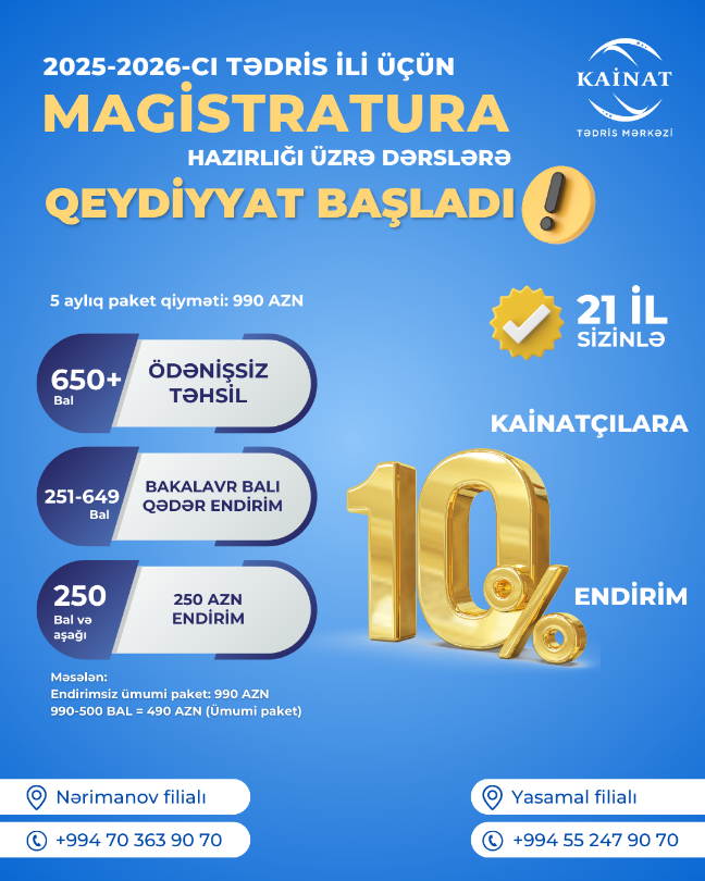 Siz də növbəti tədris ilində yüksək nəticə əldə etmək istəyirsinizsə "Bakalavr balına uyğun endirim"  kampaniyamızdan yararlanmaqla qeydiyyatdan keçə bilərsiniz!
