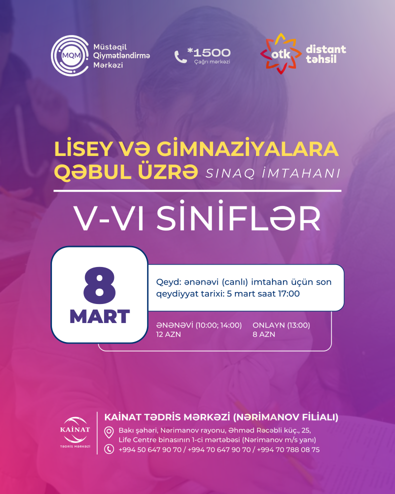 Lissey və Gimnaziyalara qəbul üzrə sınaq imtahanına qeydiyyat başladı!