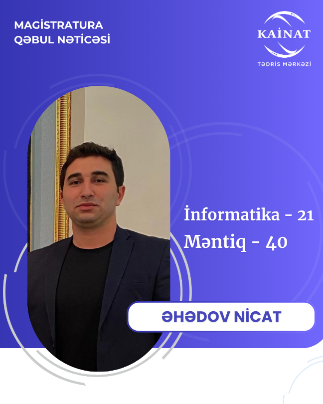Kainat Tədris Mərkəzinin tələbəsi - Əhədov Nicat.🎖 Magistratura Qəbul Nəticəsi, Məntiq-40, İnformatika-21.
